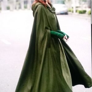 Olive Green Hooded Cape Coat